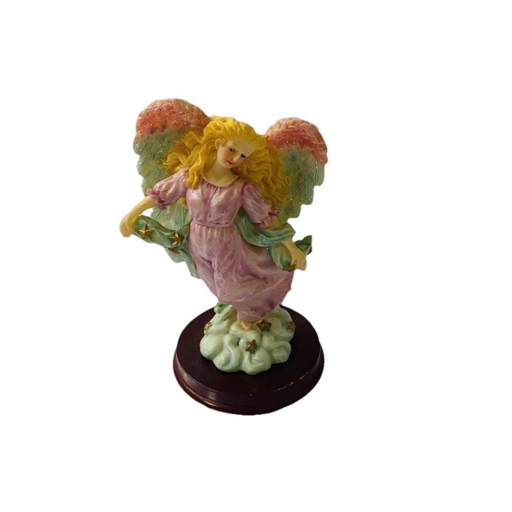 Pink Angel Figurine on Wood Base - Decorative Home Accent - Used